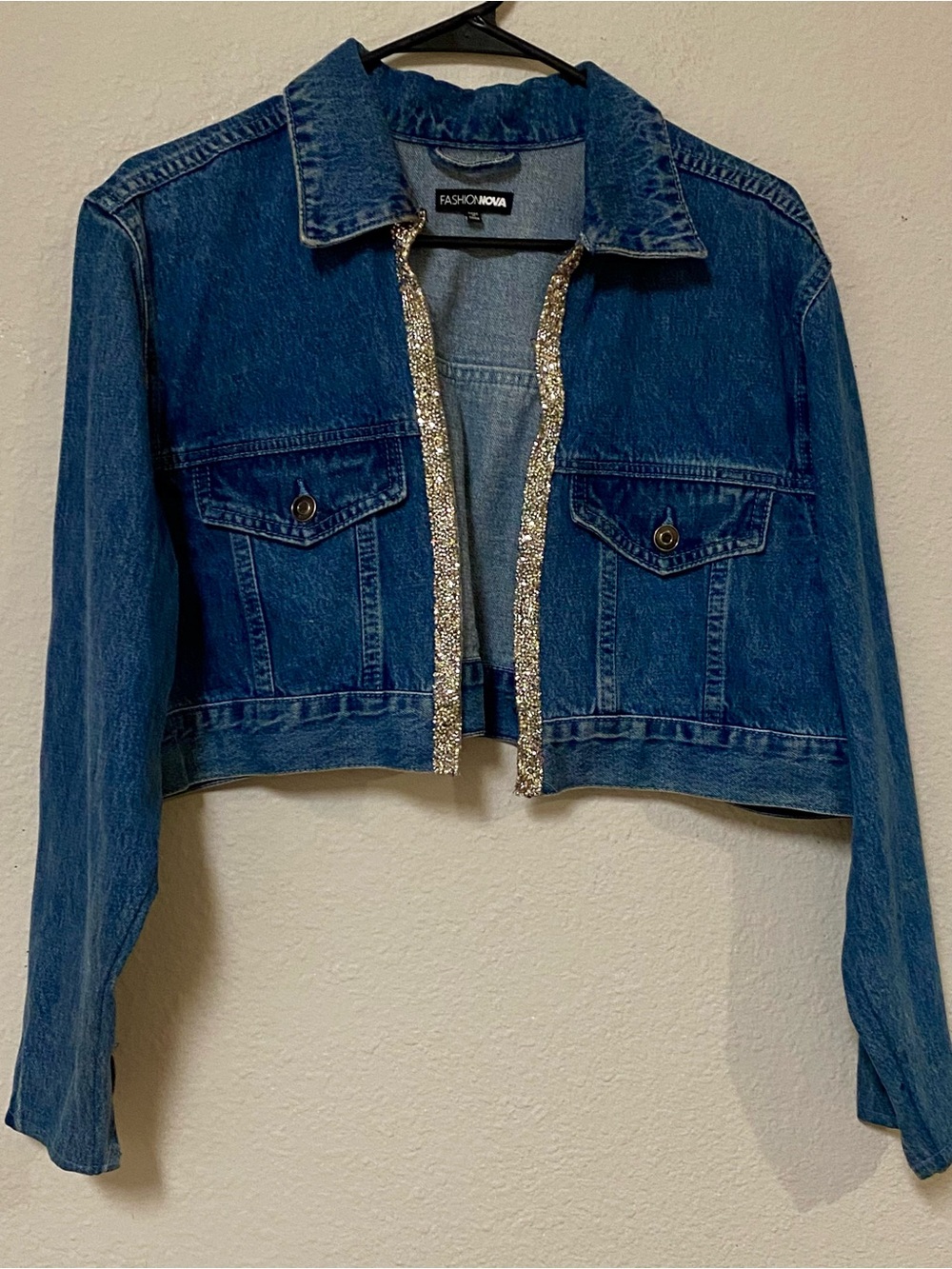 Fashion Nova Cropped Denim Jacket with Embellished Silver Glitter Trim - 1X